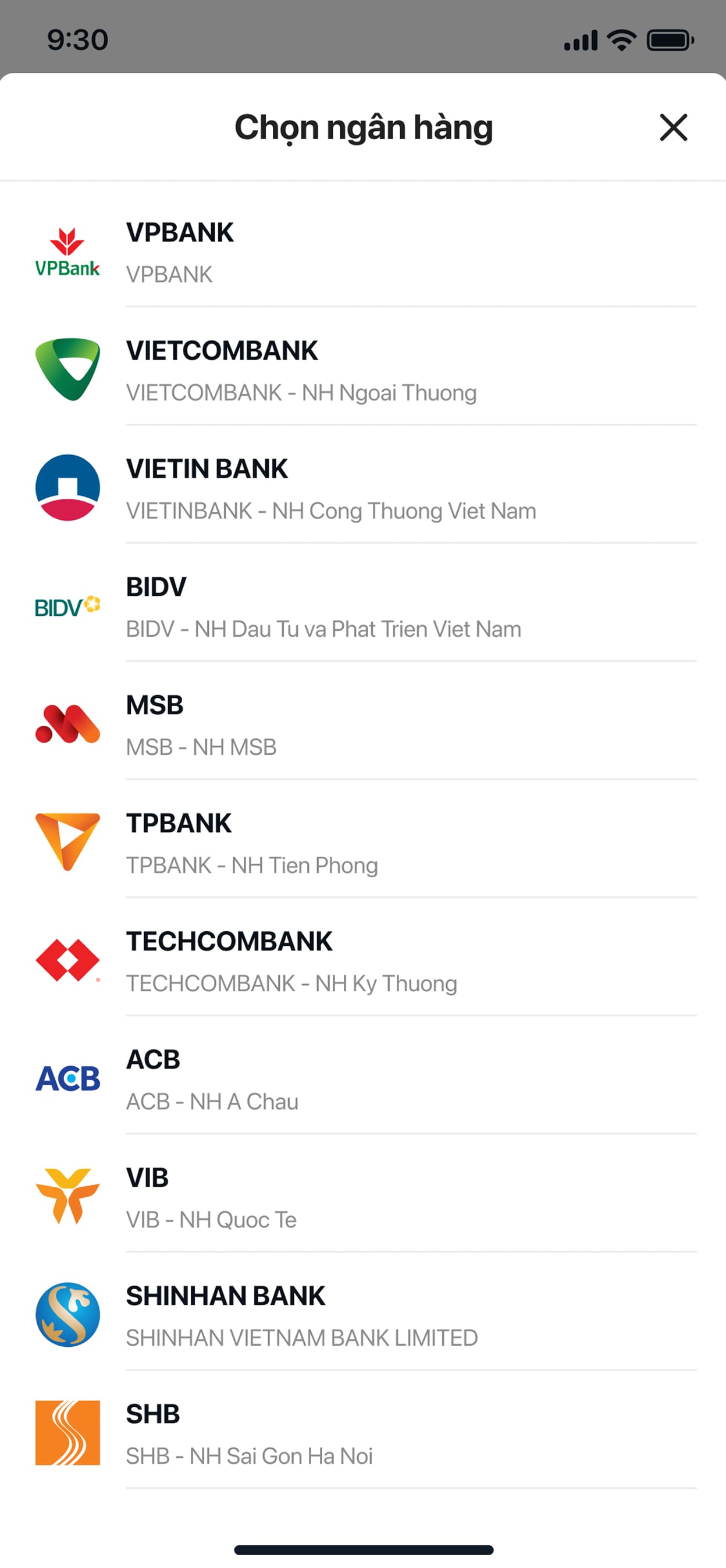 Bank selection list