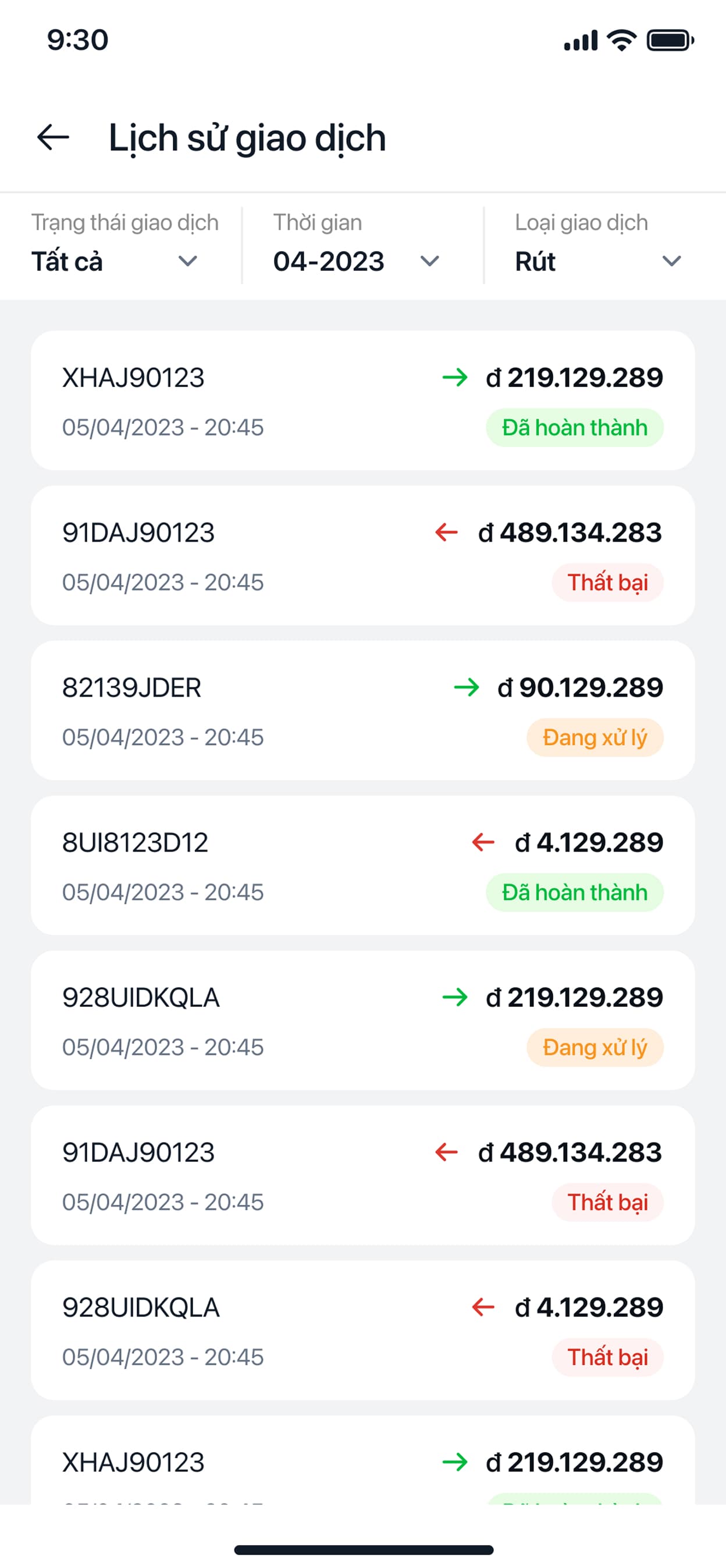 Transaction history with filters