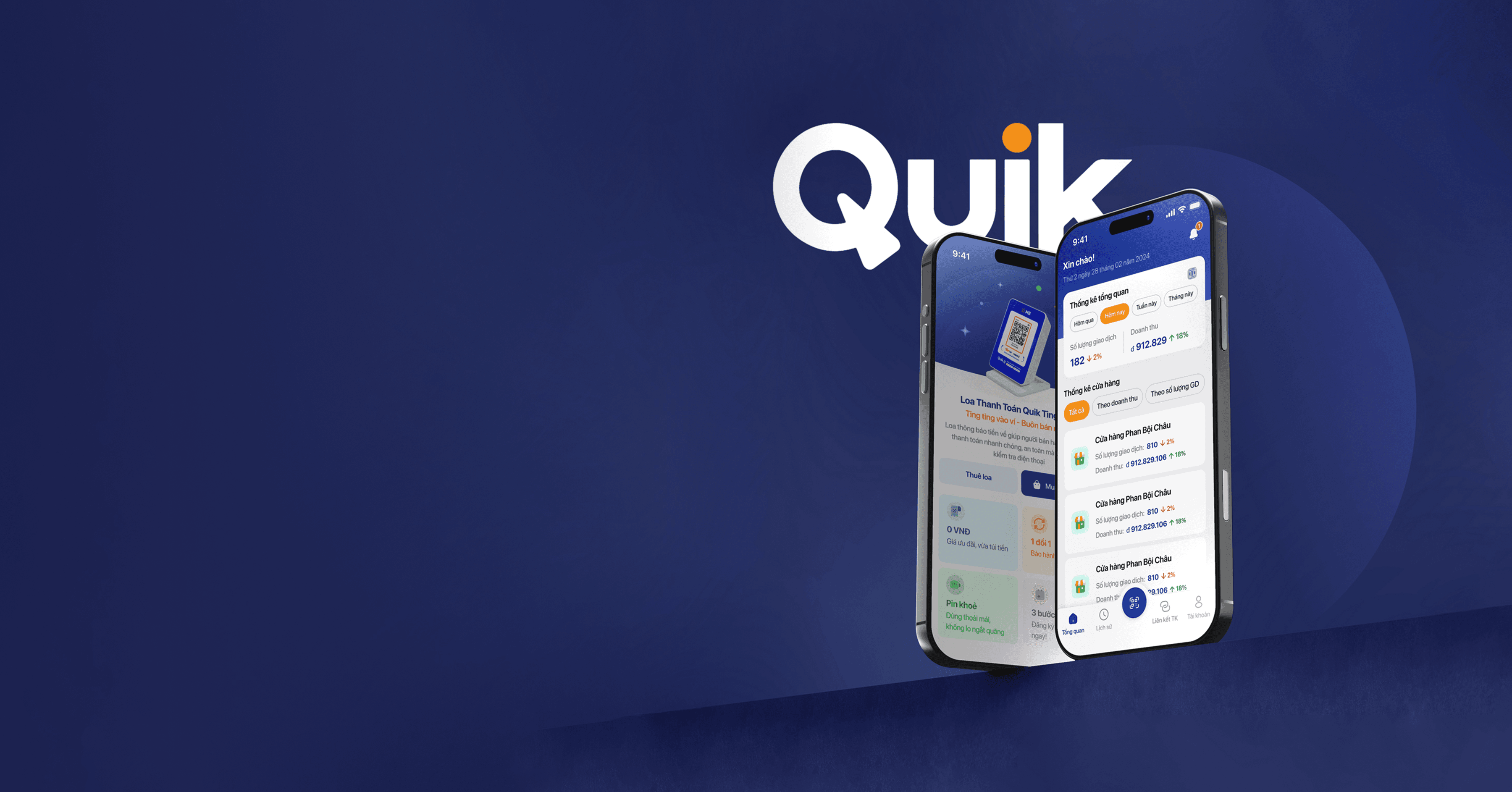 Quik app shown on two phones with the Quik wordmark over a dark blue background