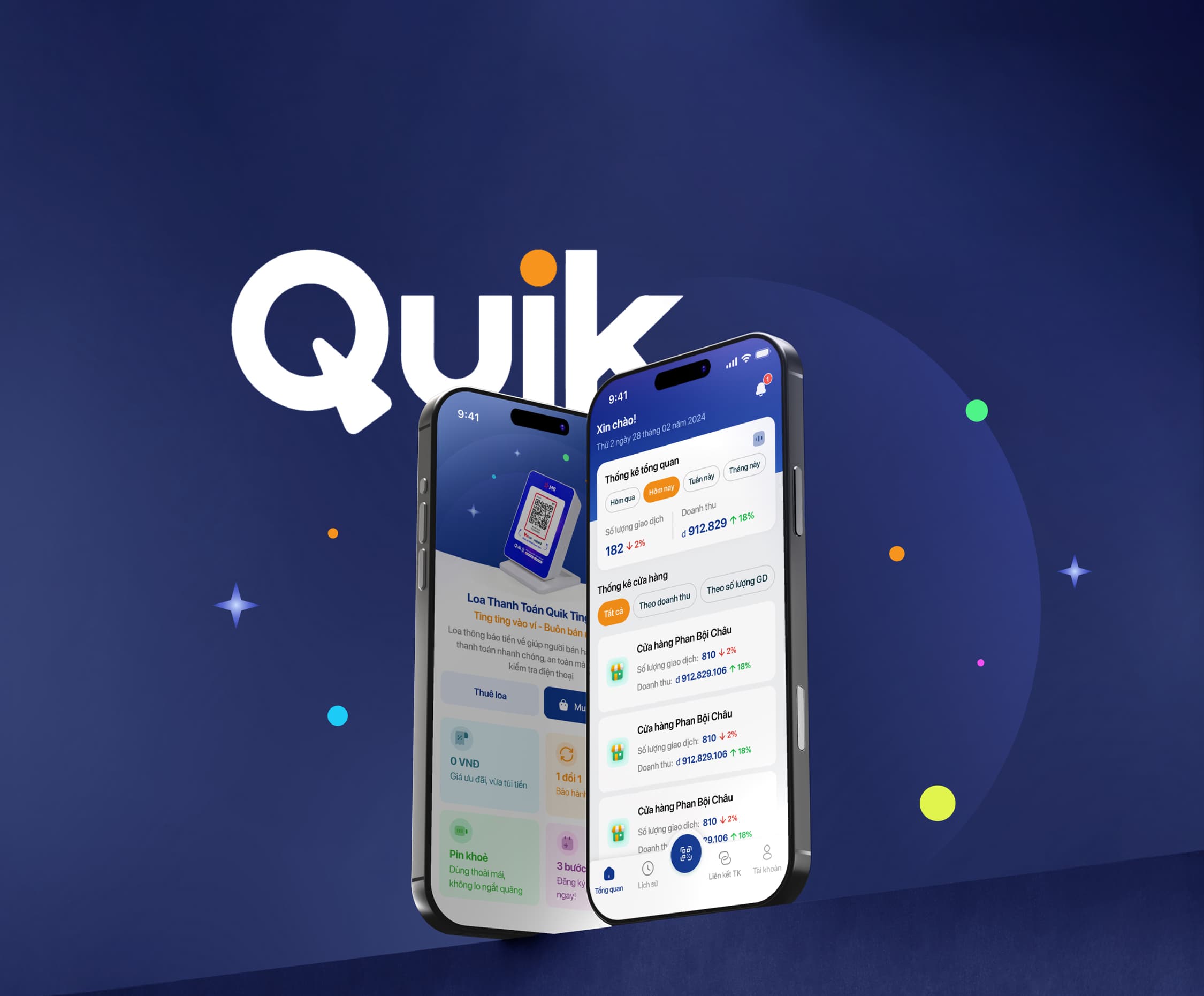 Quik hero artwork — the Quik wordmark and two phones showing the merchant app