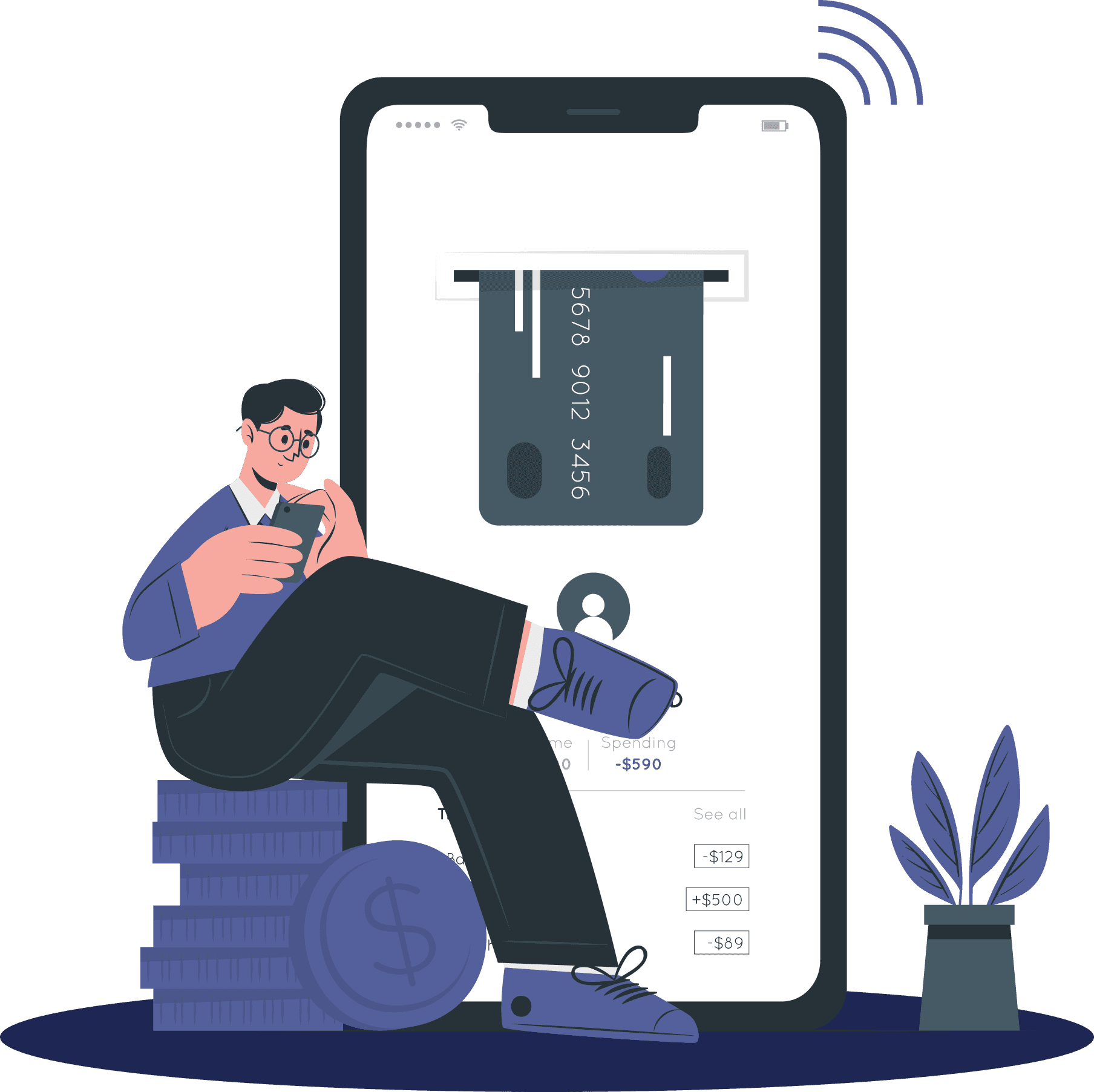 Illustration of a person managing card payments and spending on a phone