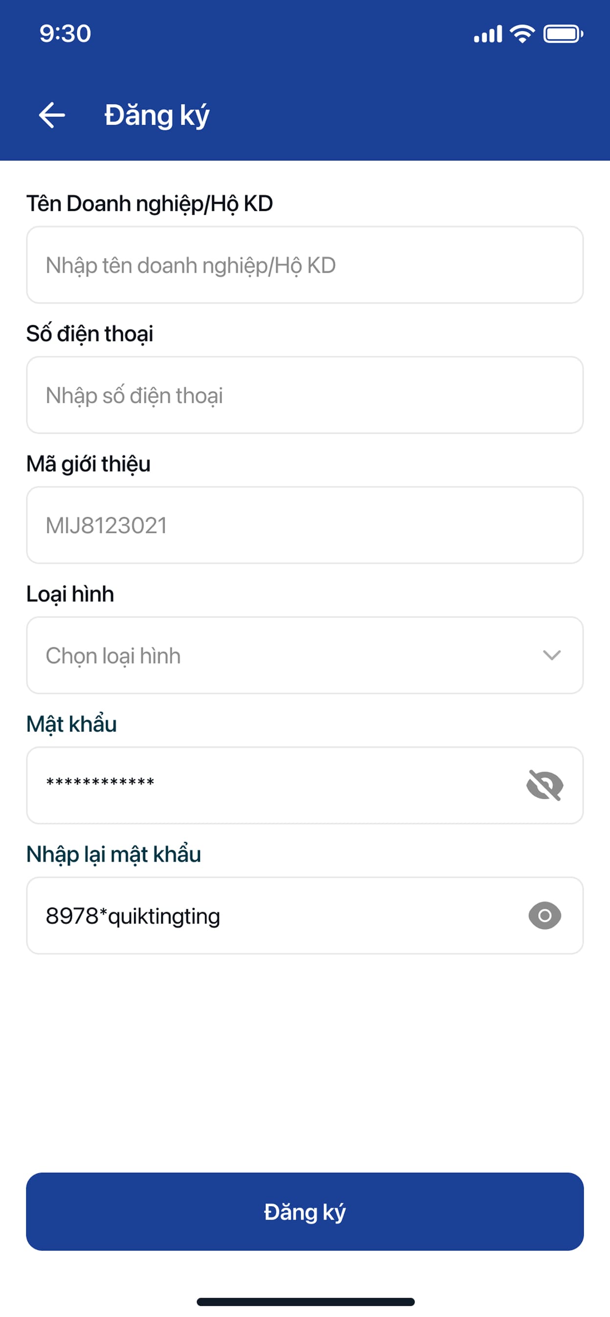 Merchant registration form