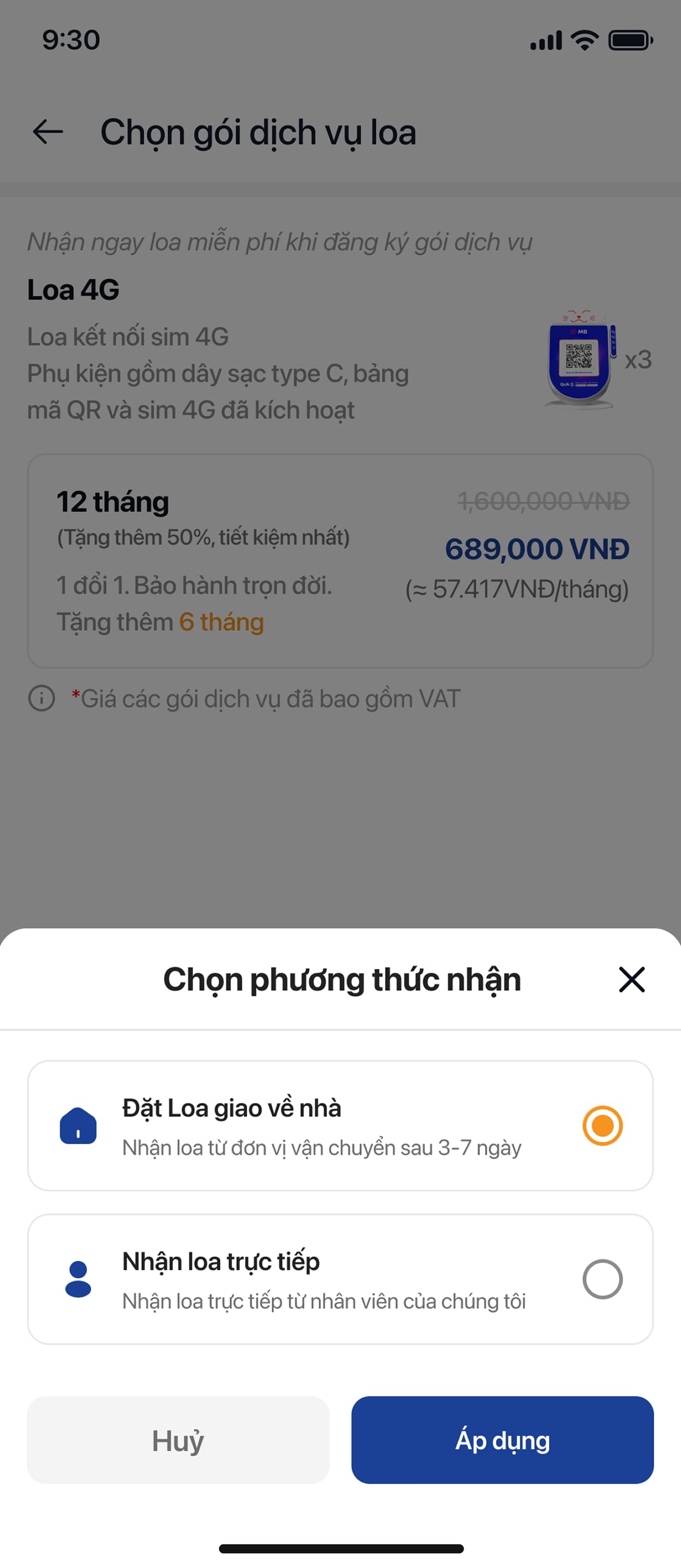 Choosing delivery or pickup