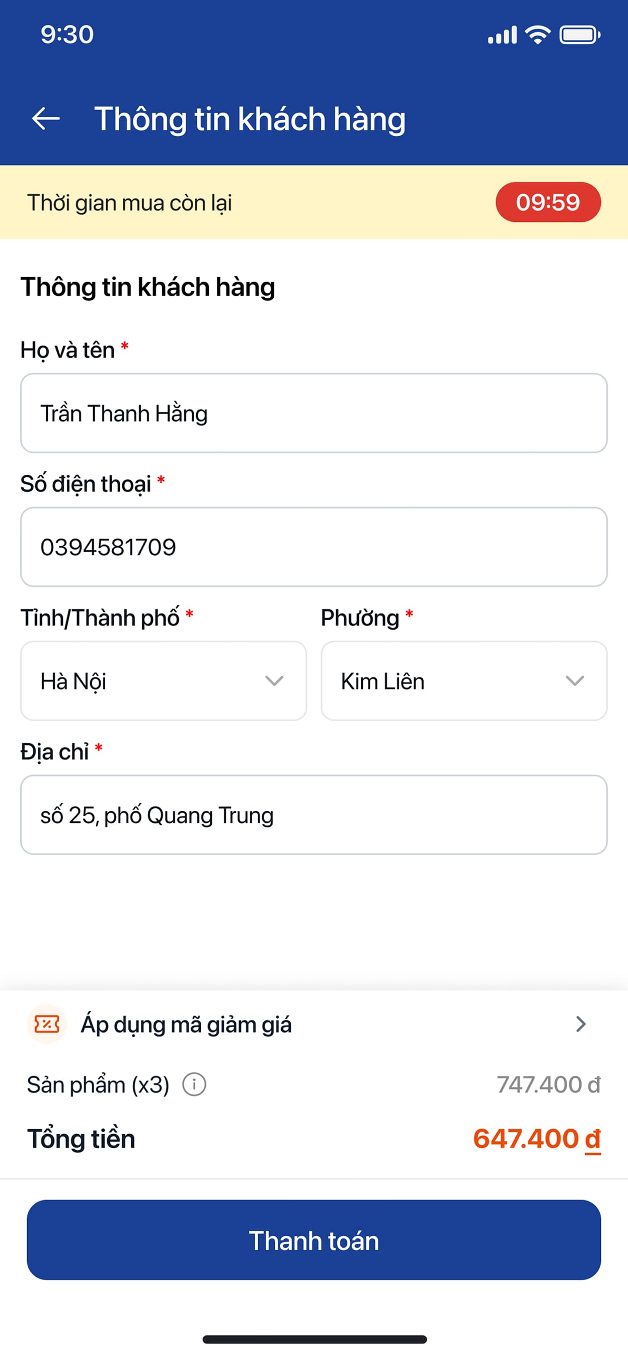 Checkout customer information with countdown timer