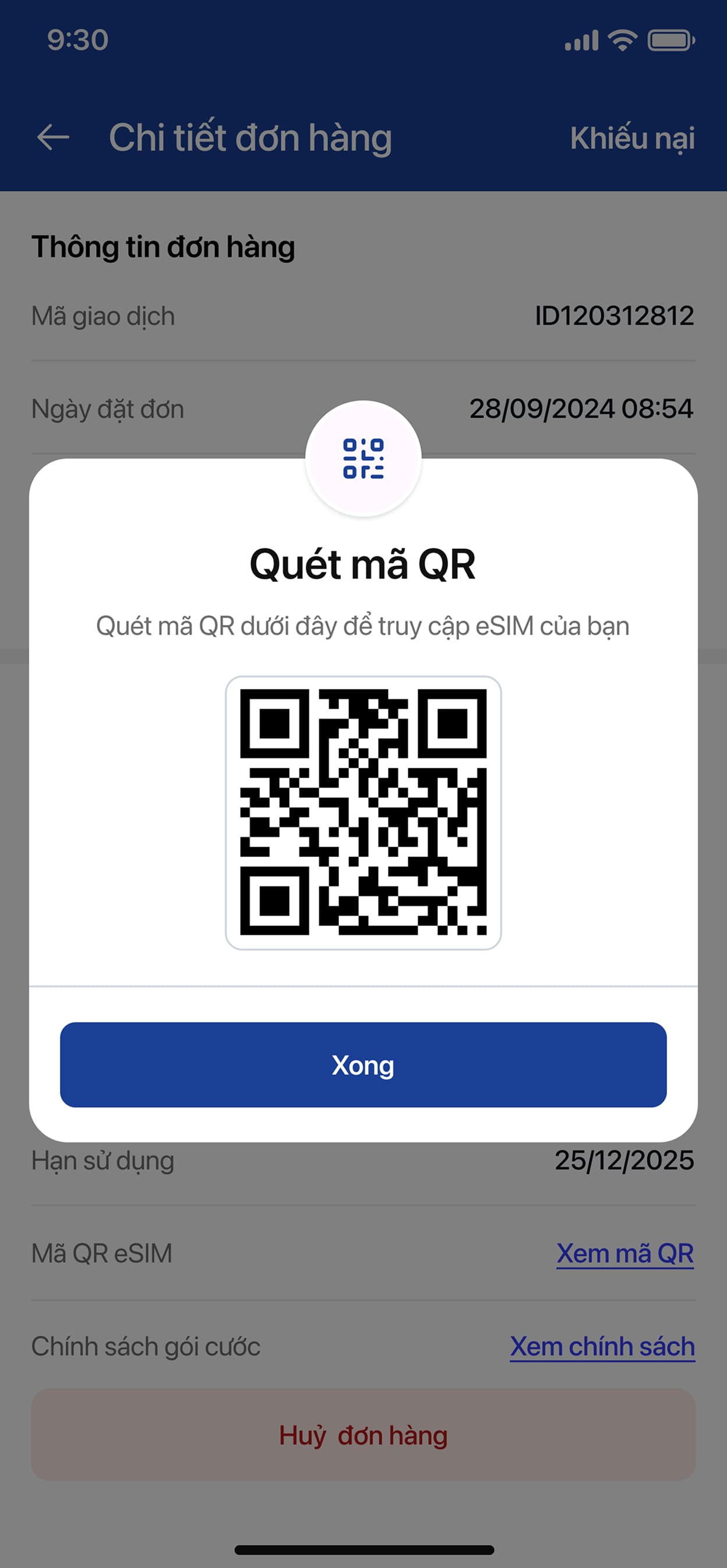 eSIM install QR in order detail