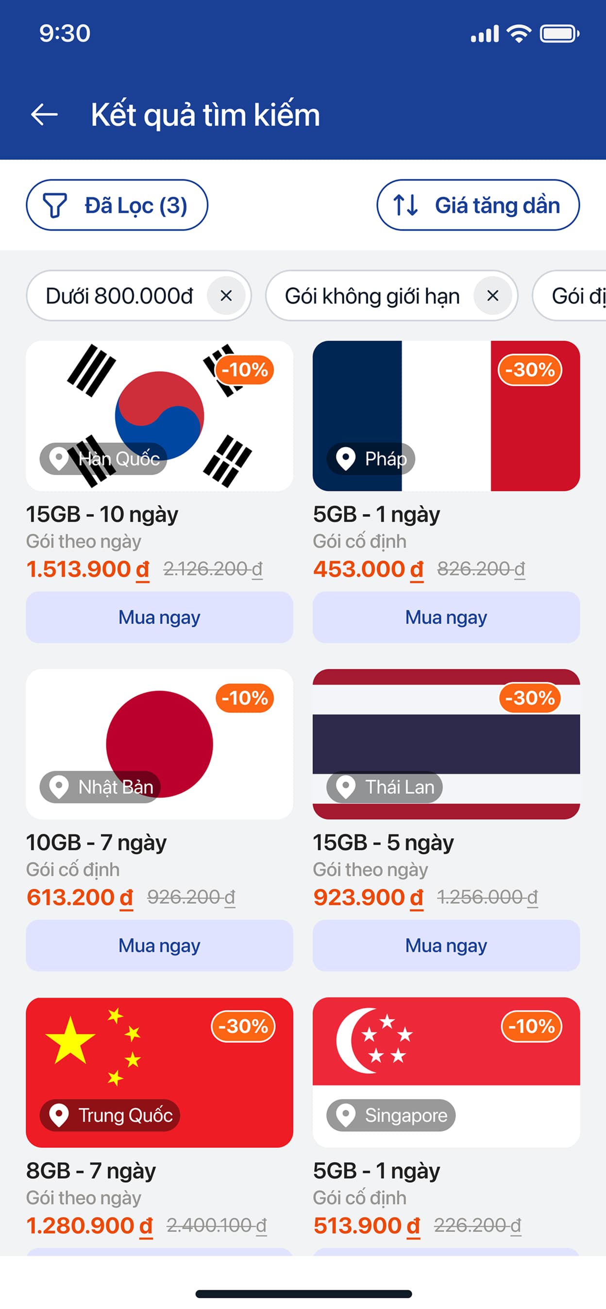 Search results with discount badges